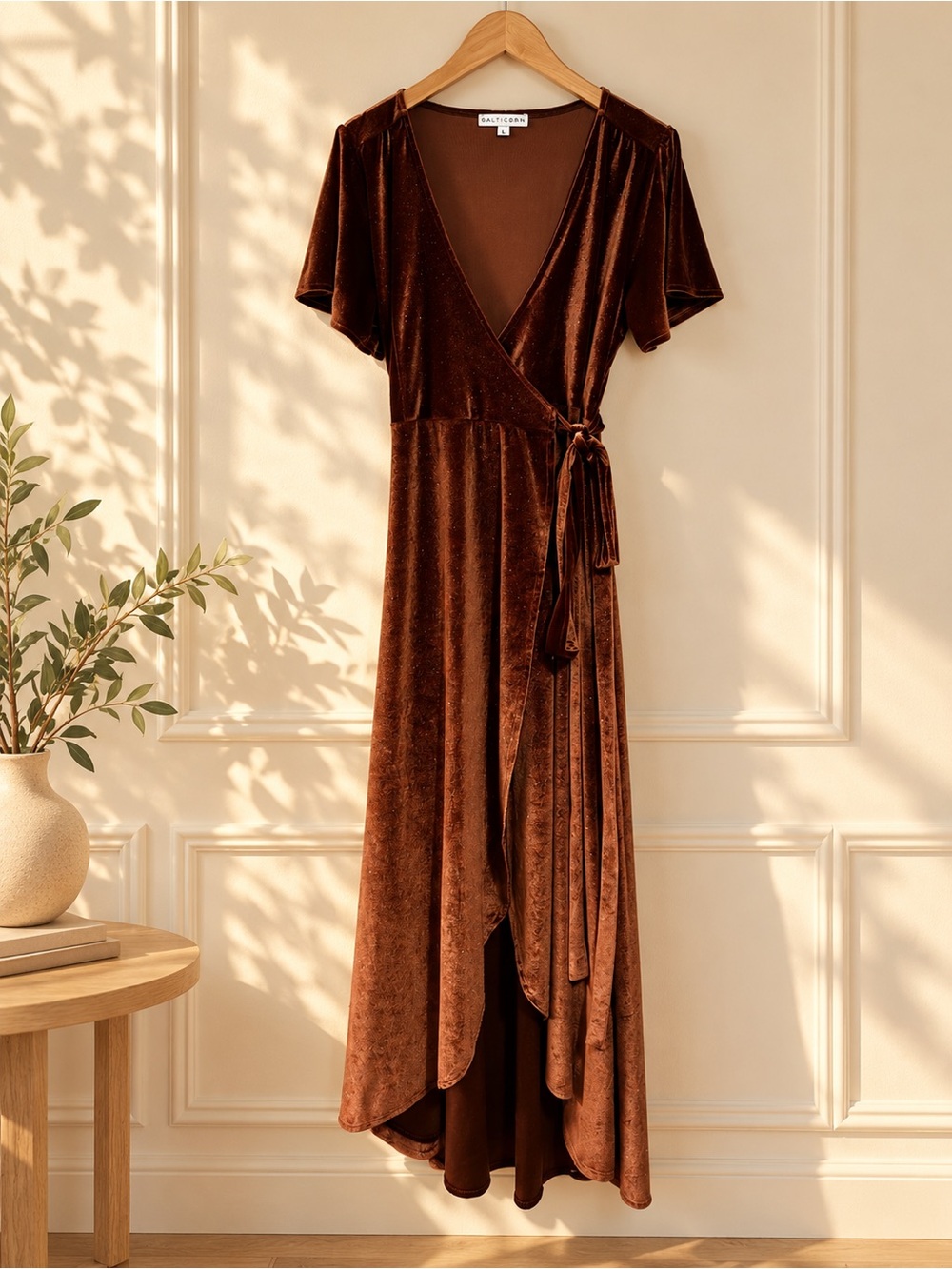 Baltic Born Brown Velvet Wrap Midi Dress with Tie Waist